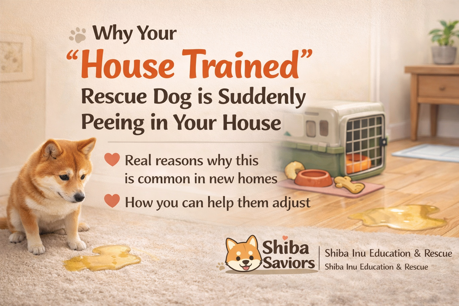 Shiba Saviors article preview image showing a Shiba Inu in a new home with an accident on the floor